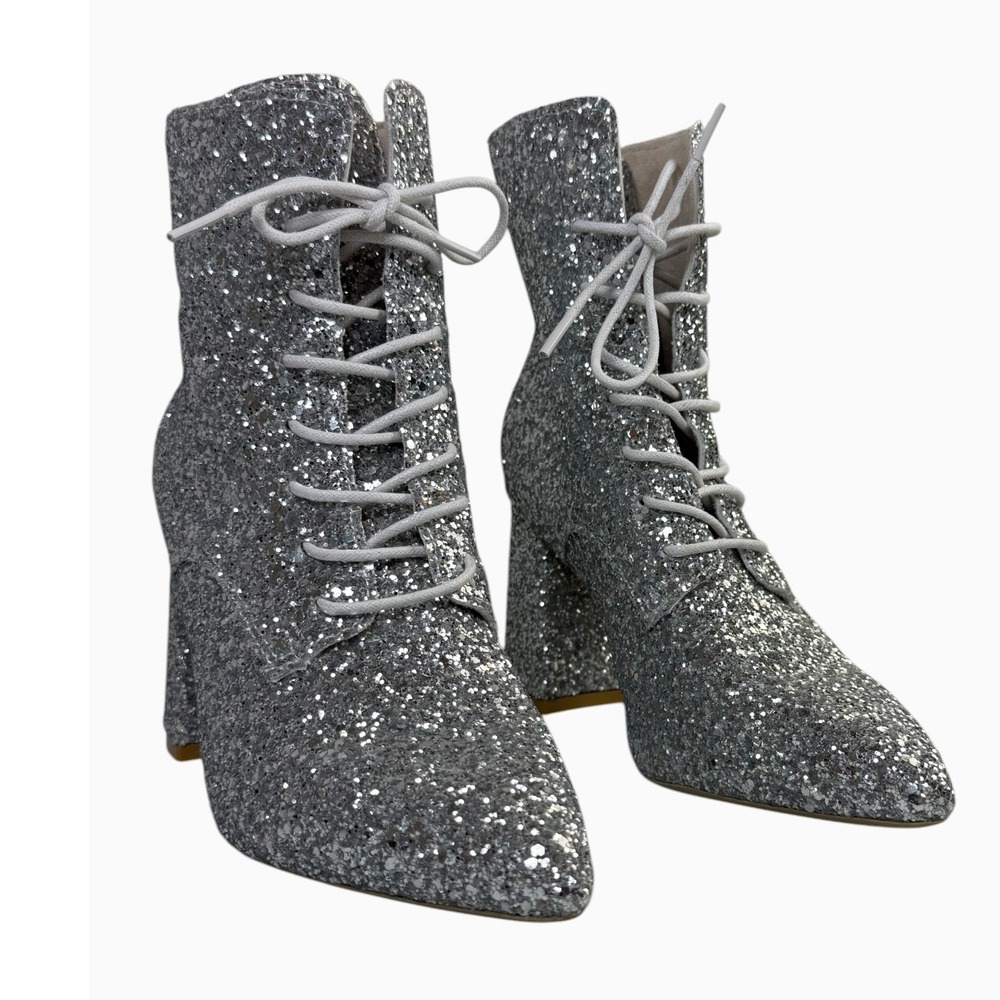 Fashion Feet Silver Glitter Lace-Up Pointed Toe Ankle Boots EU 39 US 8–8.5